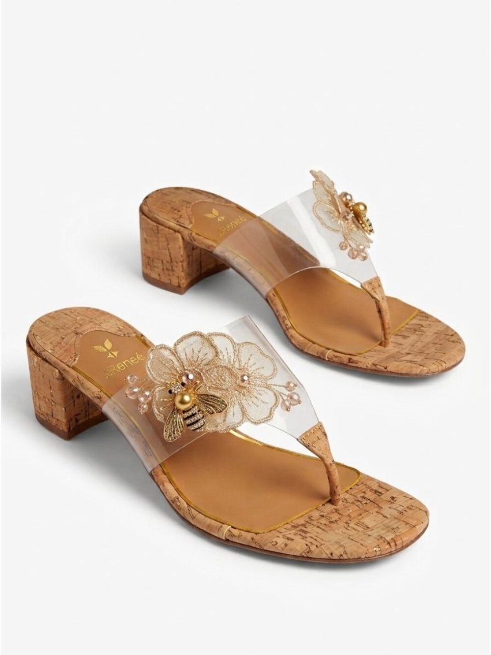 J. Renee Beeutiful Gold Bumble Bee Cork Thong Sandals Sz 11M Clear Natural